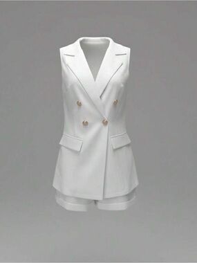 Sleeveless Double-Breasted White Blazer Vest & Short set